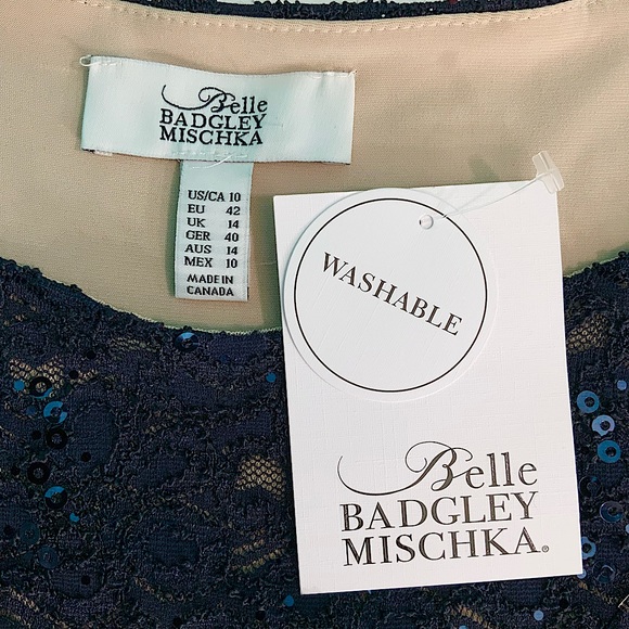 Belle by Badgley Mischka Stretch Lace Navy Cocktail Dress Size 10‎ fits 8 NWT - Picture 5 of 7